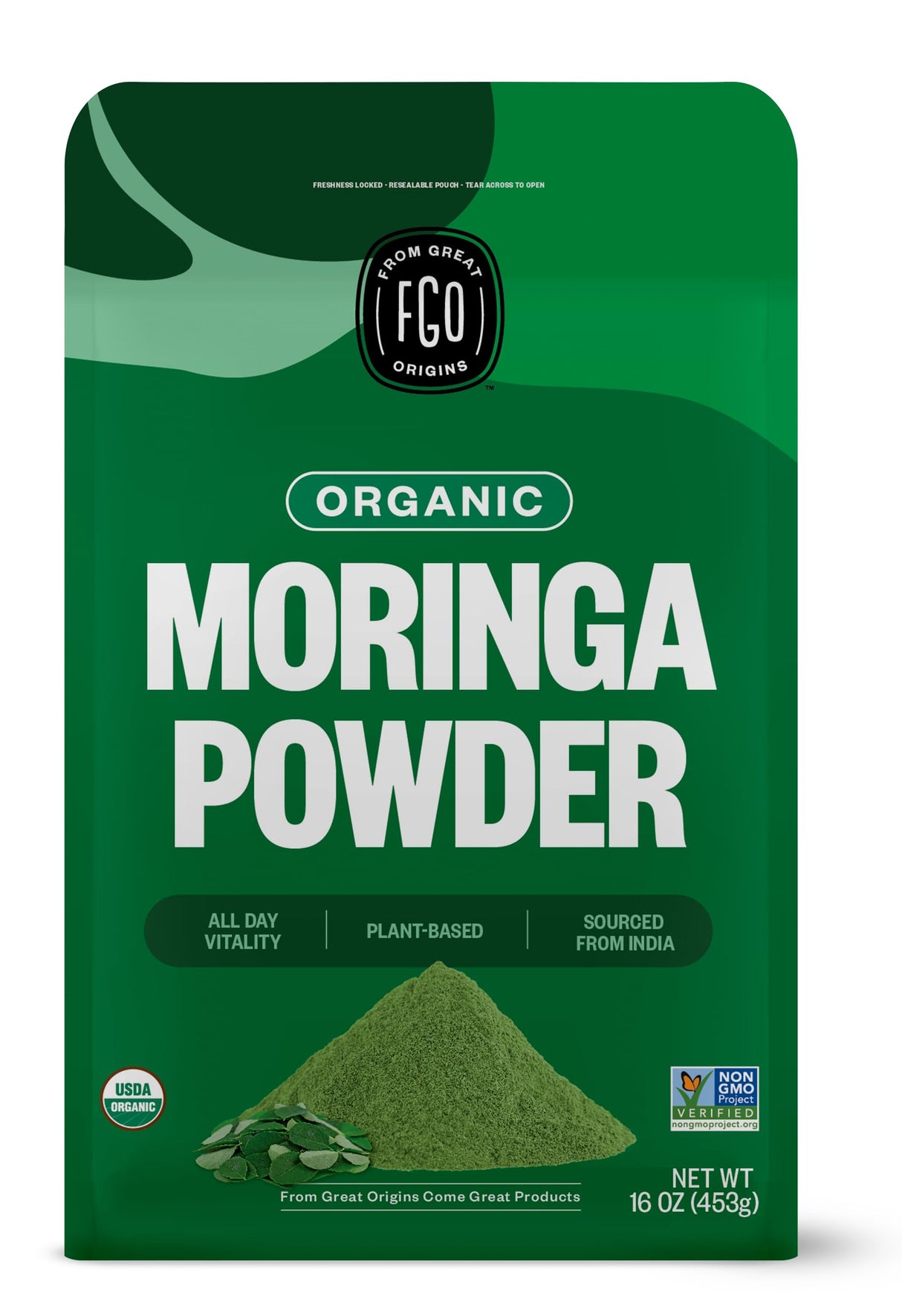 FGO Organic Moringa Oleifera Leaf Powder, 16oz Bulk Resealable Pouch, Sourced from India, Non-GMO, Packaging May Vary (Pack of 1)