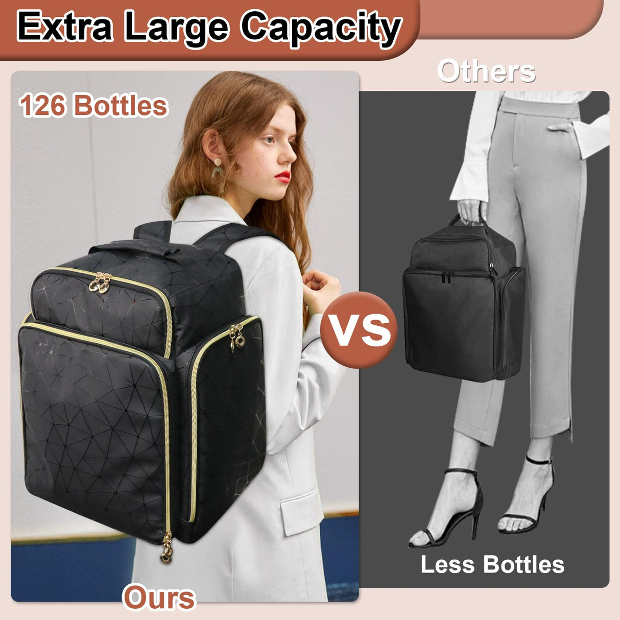 Ahzske Elegant Black Backpack Organizer, Holds 126 Nail Bottles, Extra Large Nail Kit Supplies Storage with 3 Removable Cases, PU Leather Organizer for Travel