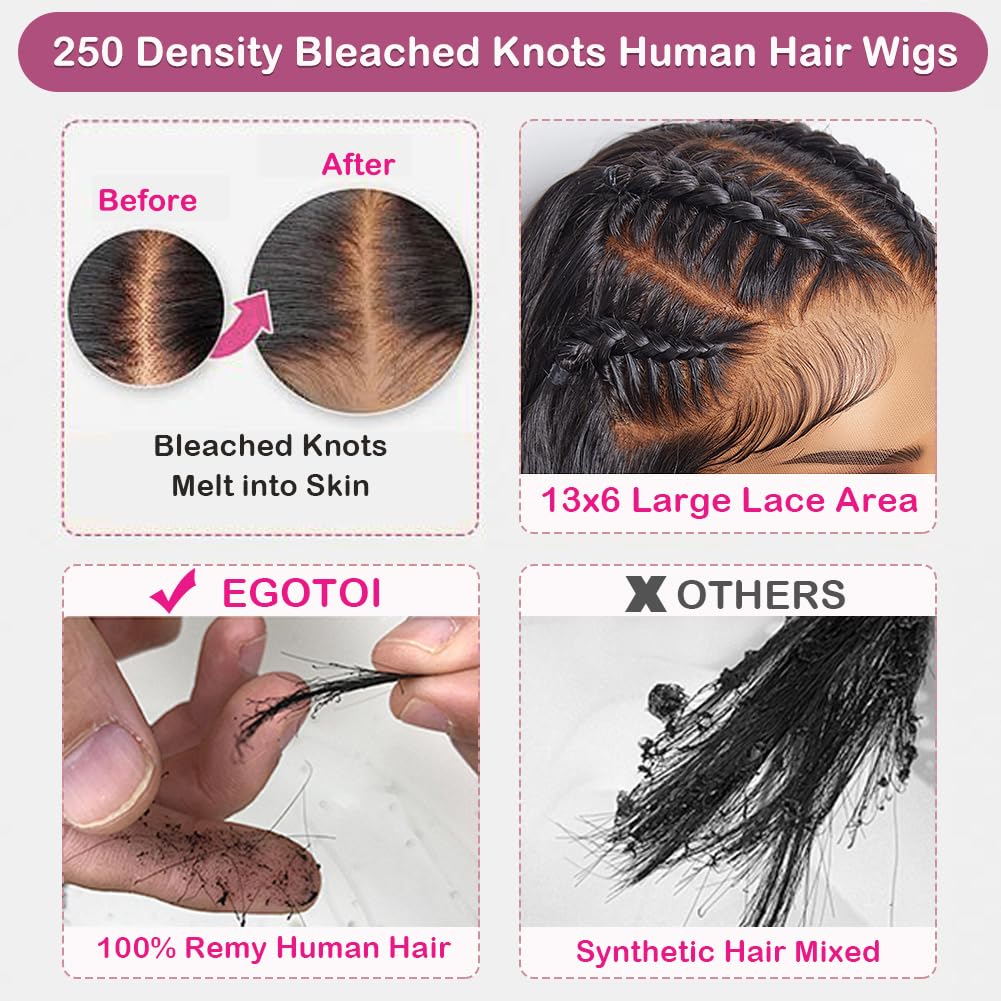 EGOTOI 250% Density HD Lace Front Wigs Human Hair 13x6 Deep Wave Lace Front Wigs Human Hair 28inch Bleached Knots Pre Plucked Curly Human Hair Wig for Women 100% Human Hair Natural Color