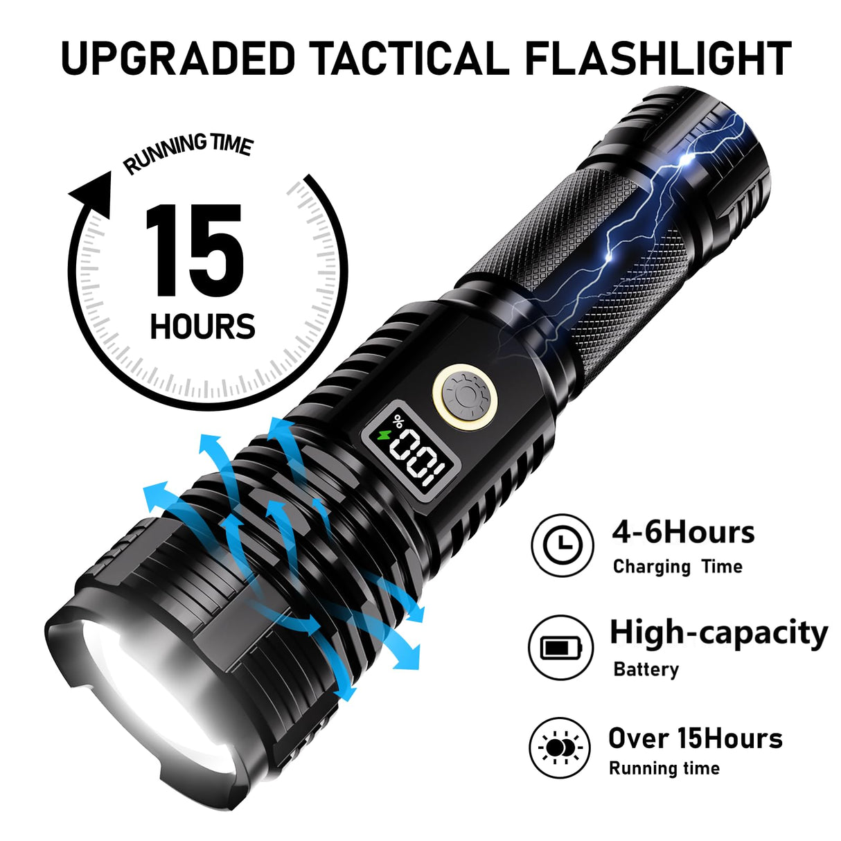 CHILDBOT Flashlights High Lumens Rechargeable, 10000LM LED Super Bright Flash Light, Zoomable Linternas with LCD Digital Display, 5 Mode, Waterproof, Powerful Tactical Flashlight for (Dark Black)