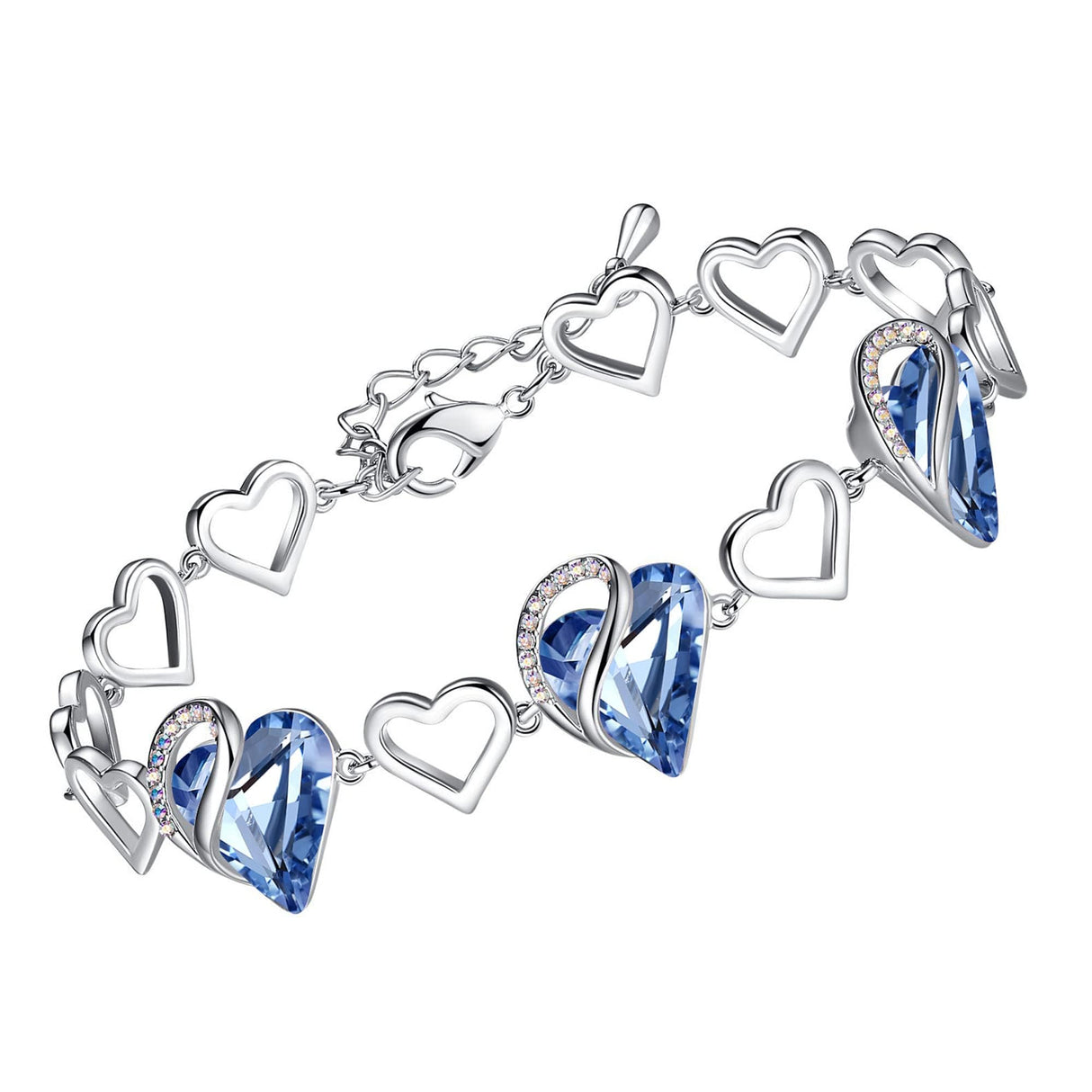 Leafael Infinity Love Heart Gift Bracelet for Women, March & December Birthstone Crystal, Light Sapphire Blue, Silver Tone Birthday Jewelry for Her, Mom, and Wife, 7-inch Chain and 2-inch Extender