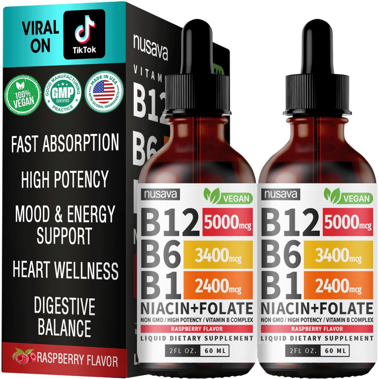 Vitamin B12 & B6 Liquid Drops – Sublingual B-Complex with 5000 mcg Methylcobalamin – Daily Nutritional Support (2 Pack)