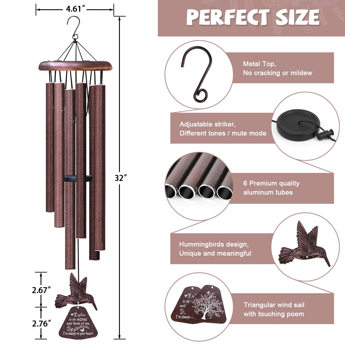Memorial Wind Chimes with Hummingbird,Sympathy Gifts for Loss of Loved One,Windchimes in memory of a loved one prime,Condolences Remembrance Bereavement Funeral gift