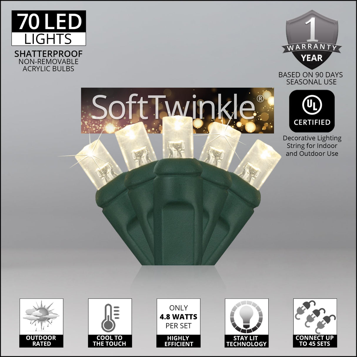 SoftTwinkle Slow Twinkling Christmas Lights, Soft Twinkle String Lights Pulsing Christmas Lights (70 Lights, 23.7 Ft, Warm White)