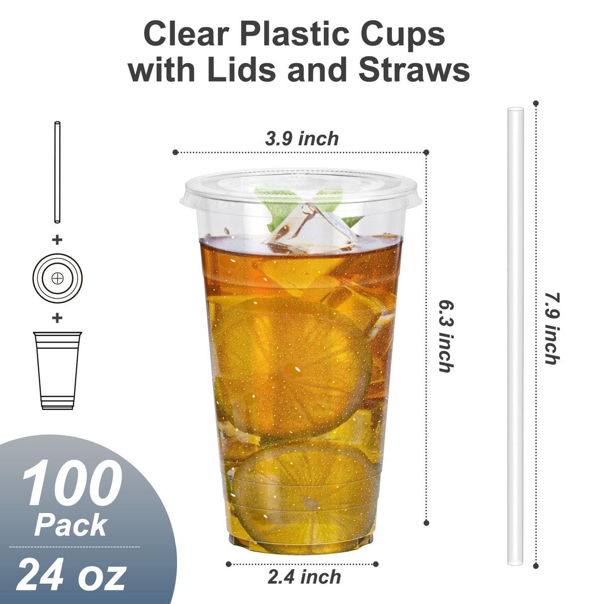 Dealusy 100 Pack - 24 oz Clear Plastic Cups with Lids and Straws, Sturdy & Food Safe Iced Coffee Cups with lids, Disposable Plastic Smoothie Cups for Cold Drinks