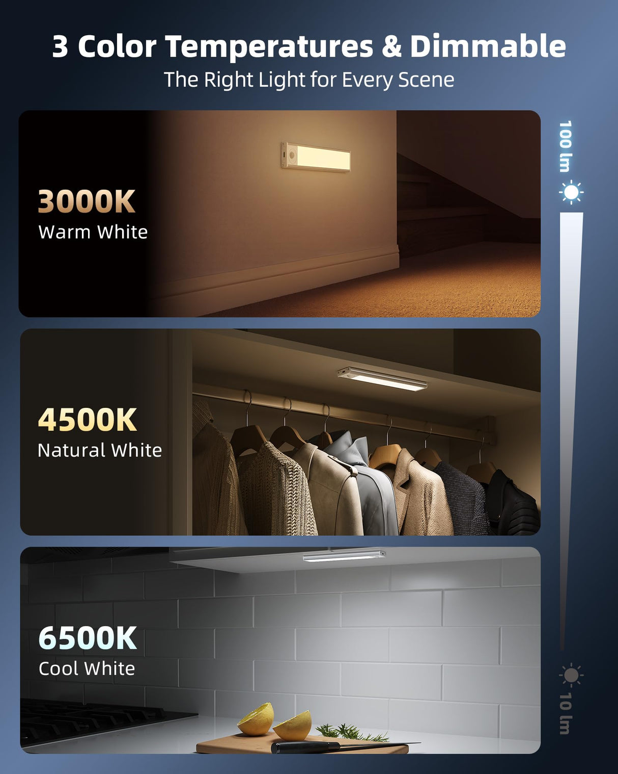 AMETHEUS 6-Pack Under Cabinet Lighting Wireless, 1800mAh Rechargeable Motion Sensor Light Indoor, Magnetic Closet Lights, Dimmable & 3 Color Temps, Under Counter Lights for Kitchen, Stairs (8inch)