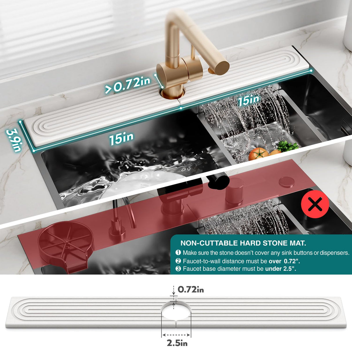 eormoe 30 Inch Faucet Mat for Kitchen Sink - Instant Dry Sink Protector for Countertop, Extra-Long Diatomaceous Earth Stone Sink Tray Around Faucet for Kitchen Bathroom RVs (Light Grey, 30" x 3.9")