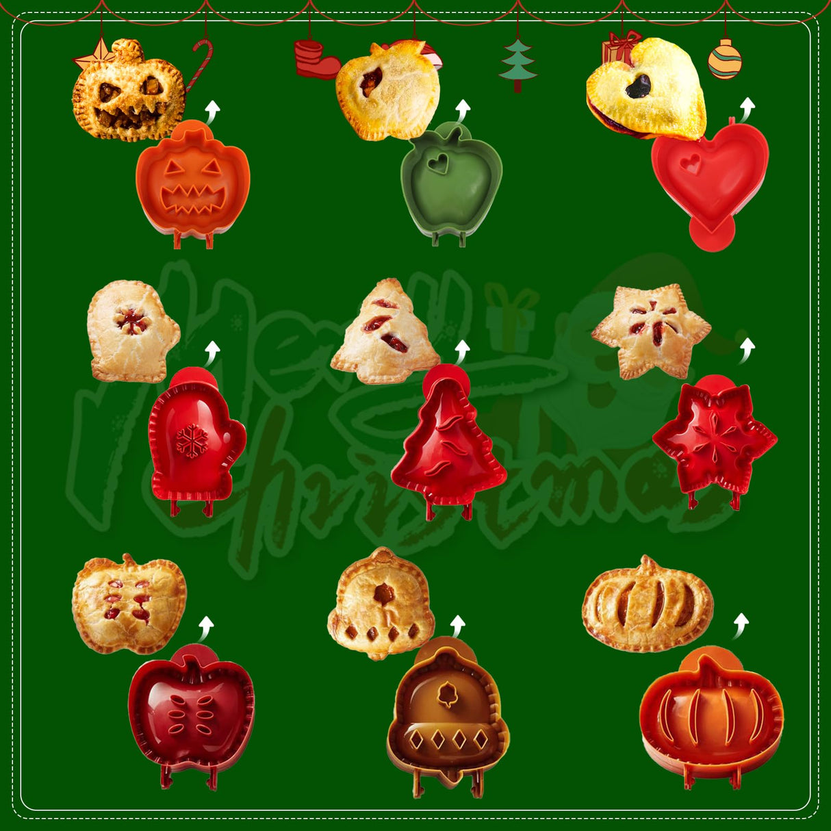 9PCS Mini Hand Pie Molds, Christmas Dough Presser Pocket Pie Molds Fits All Kinds of Festivals and Parties (Multicolor Green, mini)