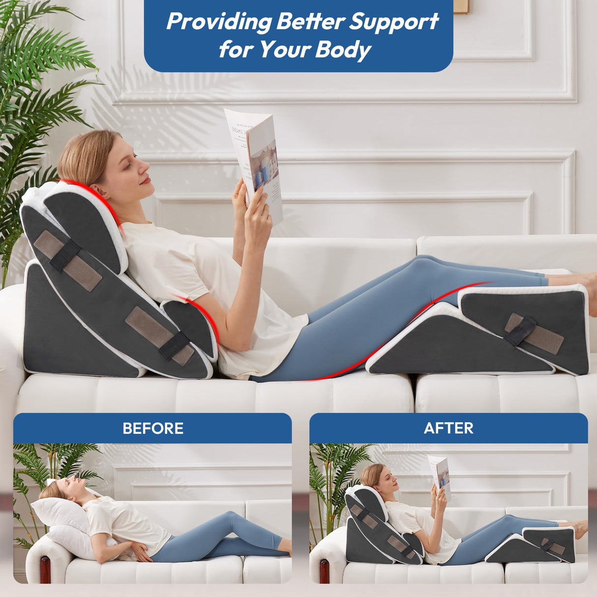 Ahpmeoa 6PCS Wedge Pillow Set for After Surgery, Bed Wedge Pillow Post Surgery, Wedges Pillows for Back Pain Relief, Acid Relux, Sit Up Pillow for Beds, Beds Wedges & Body Positioners, White/Grey