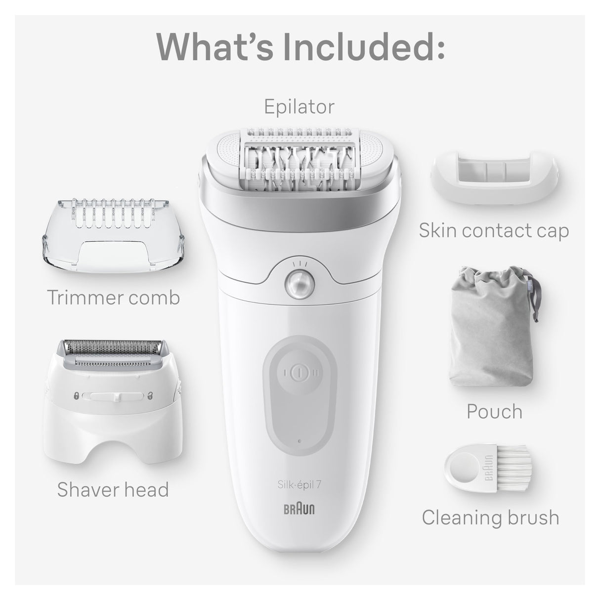 Braun Epilator Silk-épil 7, Hair Removal Device, Women Shaver & Trimmer, Wet and Dry, Wide Head, Includes Shaver Head and Trimmer Comb, SE7-041, Silver