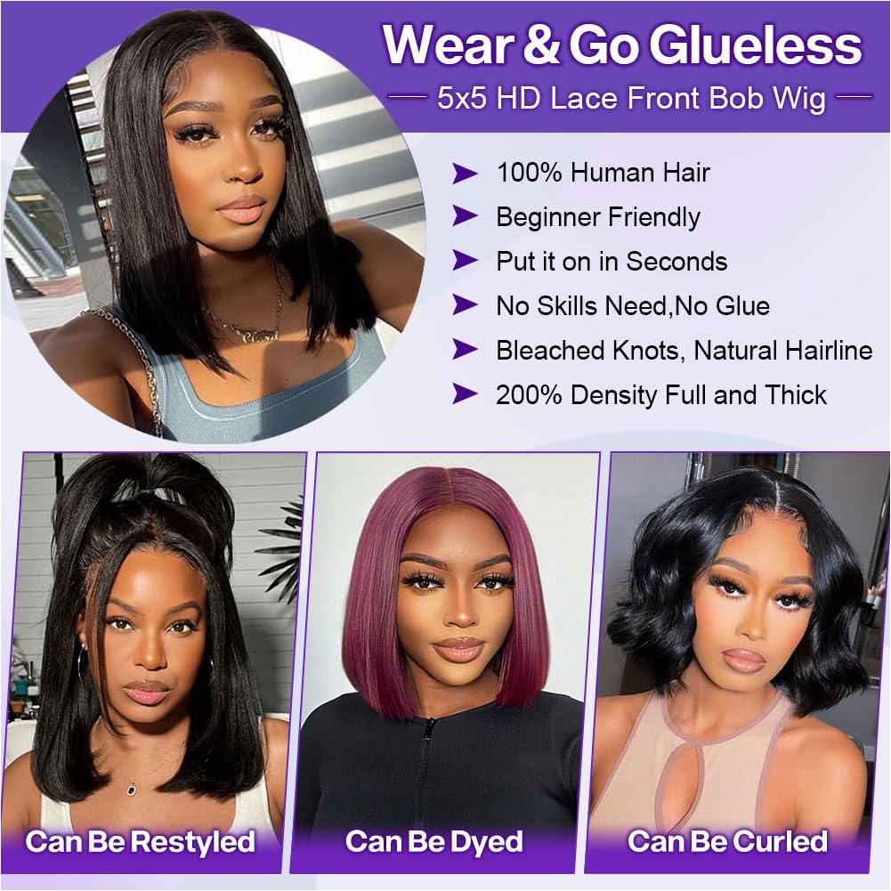 Ailwelia Wear and Go Glueless Wig Bob Wig Human Hair 200% Density 5x5 HD Lace Closure Wigs Human Hair Wigs For Black Women Glueless 5x5 Closure Wigs Human Hair Pre Plucked Bob 14 Inch