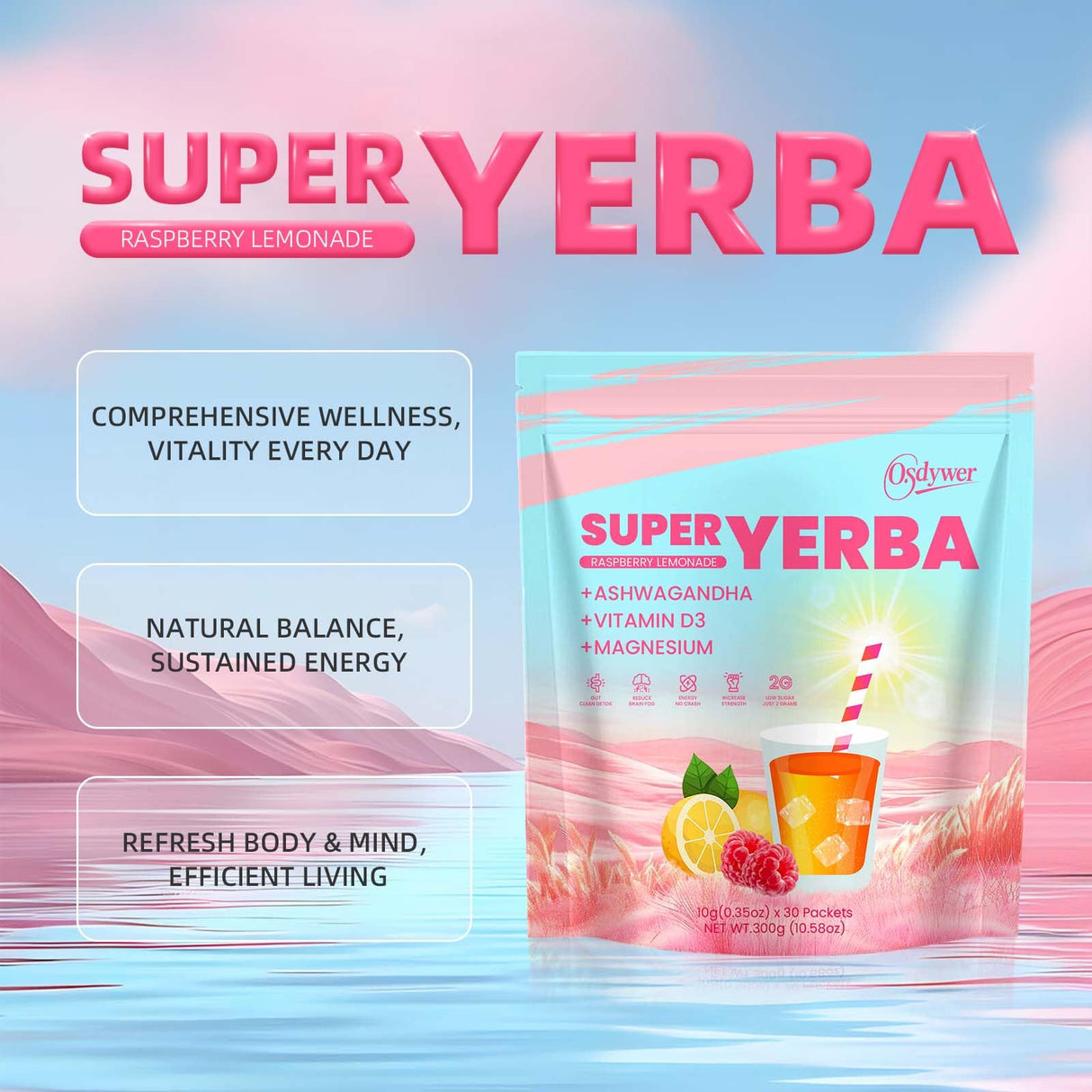 Super Yerba Mate, Yerba Mate Instant Tea Powder, Raspberry Lemonade Flavor, Mate Tea Supplements With Prebiotics And Probiotics - 30 Servings (1)