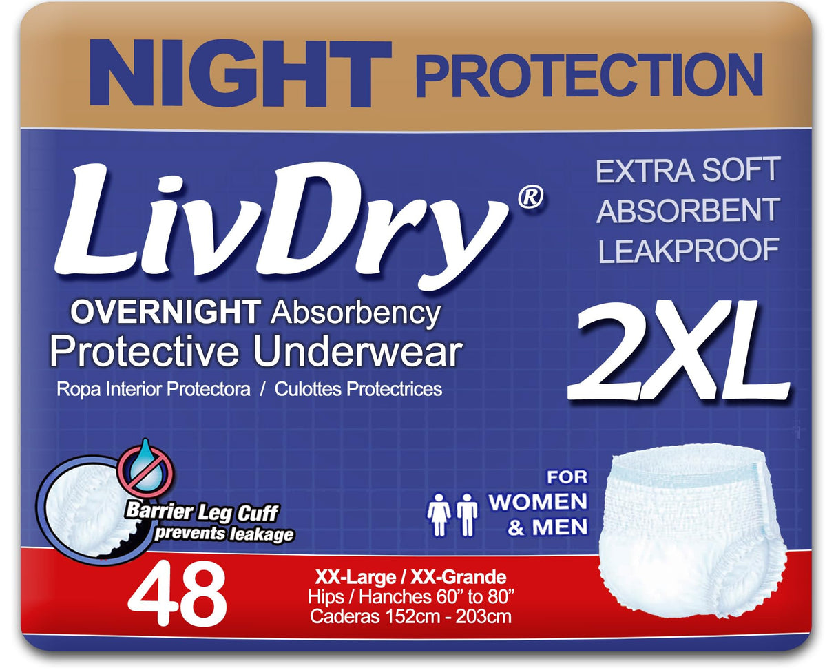 LivDry XXL Overnight Adult Diapers for Women and Men, Incontinence Underwear, XX-Large, 48-Pack