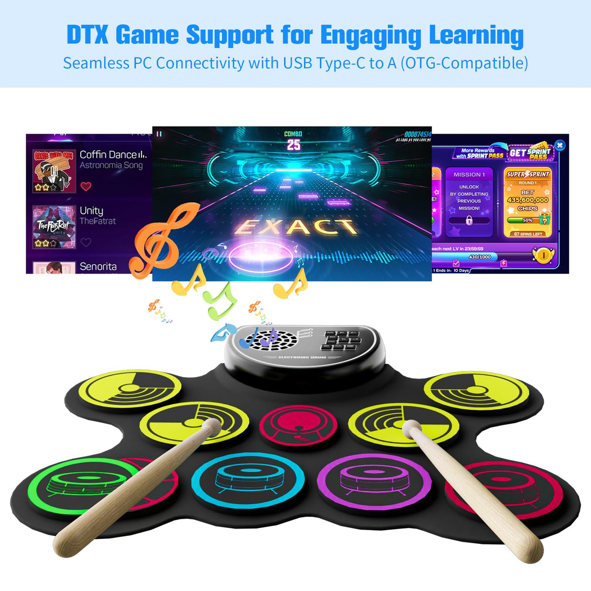 Miortior Electronic Drum Set, 10 Pads Roll-up Drum Practice Pad with Drum Pedals & Sticks, Built-in Speaker with Headphone Jack, Great Christmas & Birthday Gift for Kids