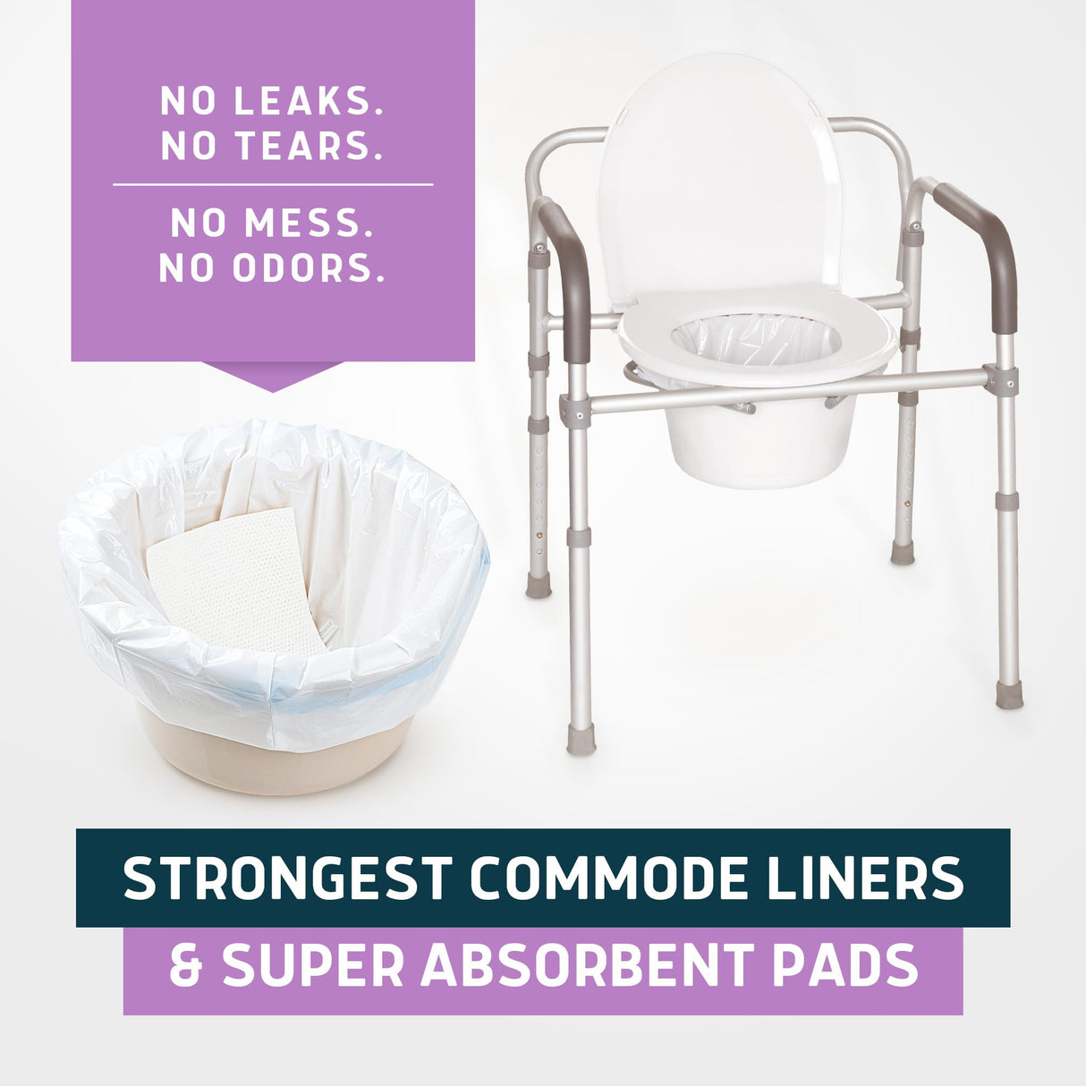 Lunderg Commode Liners with Absorbent Pads - Lavender Scent Medical Grade 50 Count Universal Fit - Disposable Bedside Commode Liners and Pads for Adult Chairs, Portable Buckets & Camping Toilet Bags