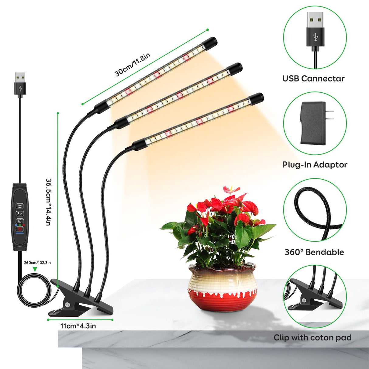 LPMZMBL LED Grow Lights for Indoor Plants, 3Heads Grow Lights for Seed Starting, 10 Dimmable Levels & 3 Timer Modes (3/9/12H), Adjustable 360° Gooseneck with Clip, Plant Grow Light 2 Pack