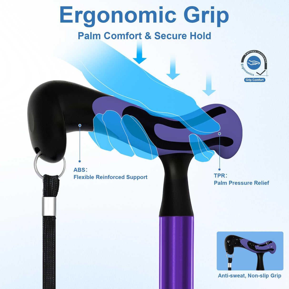 KingPavonini Walking Cane for Men Women Stability, Free Standing Foldable Cane, Ergonomic Handle Pivoting Quad Base, Heavy Duty 350 LBs, Adjustable Walking Canes for Seniors Balance with Travel Bag