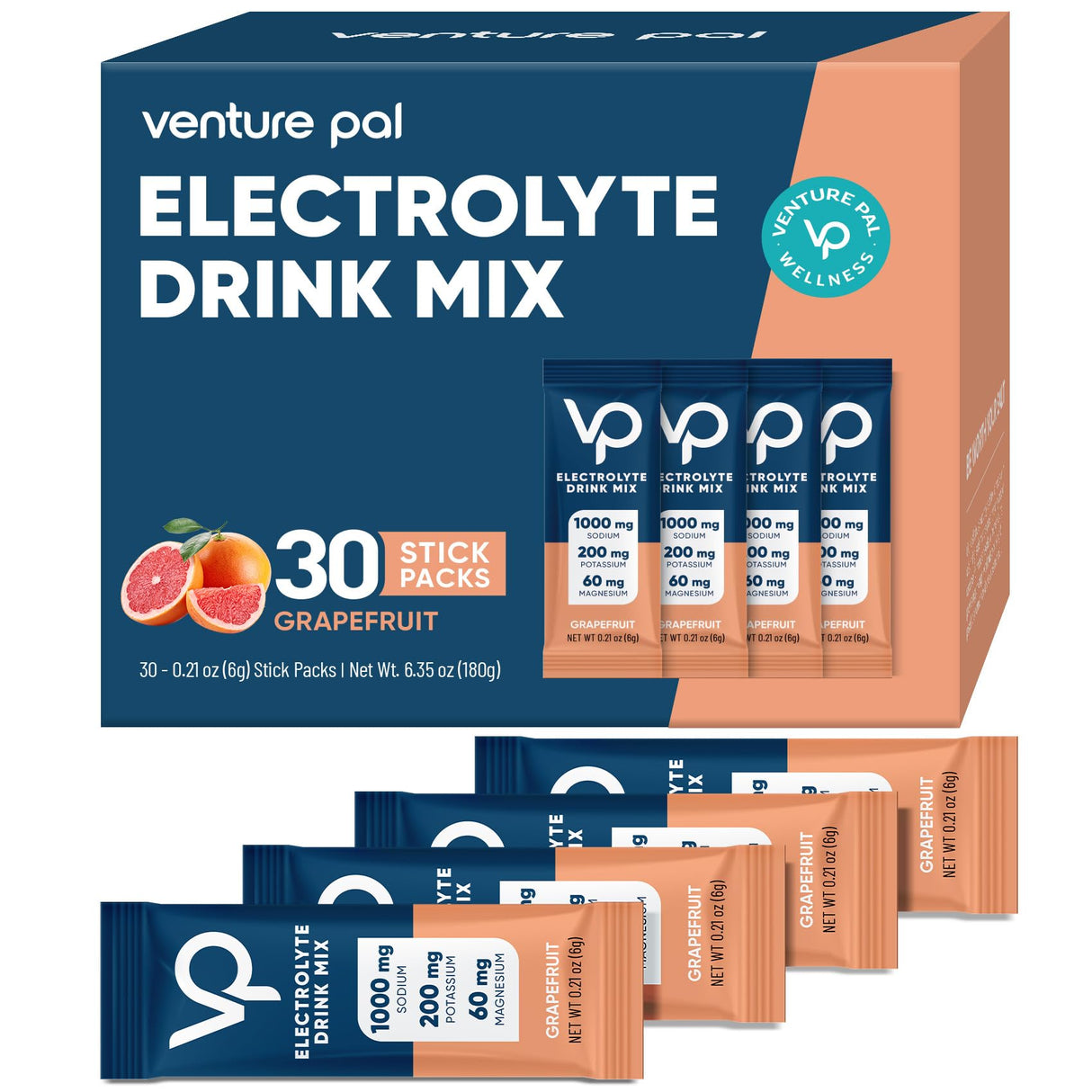 Venture Pal High Sodium Sugar Free Electrolytes Powder Packet - Hydration Packets with Vitamin, Sodium & Potassium | Zero Calories | Vegan, Keto & Paleo Friendly Electrolyte Drink Mix - 30 Sticks