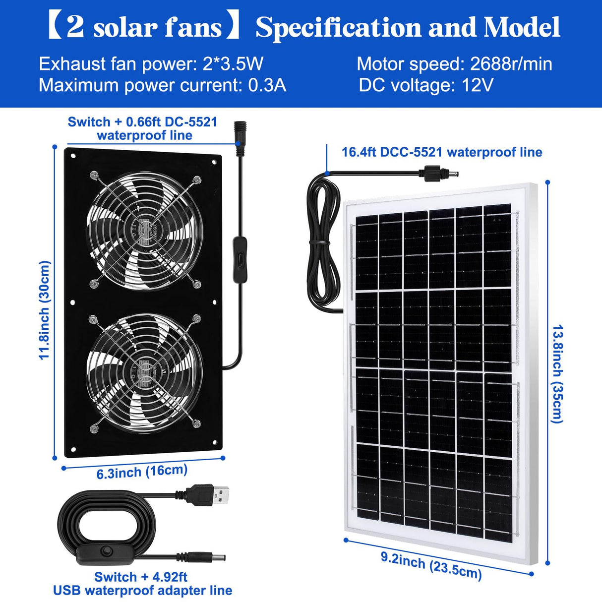 Solar Exhaust Fans & Powered Fan with 15W Panel & 2-Pack High-Speed Brushless DC Fans,Solar Ventilation Fan for Greenhouses, Chicken Coops, Attics, Barns, Sheds & Dog Houses