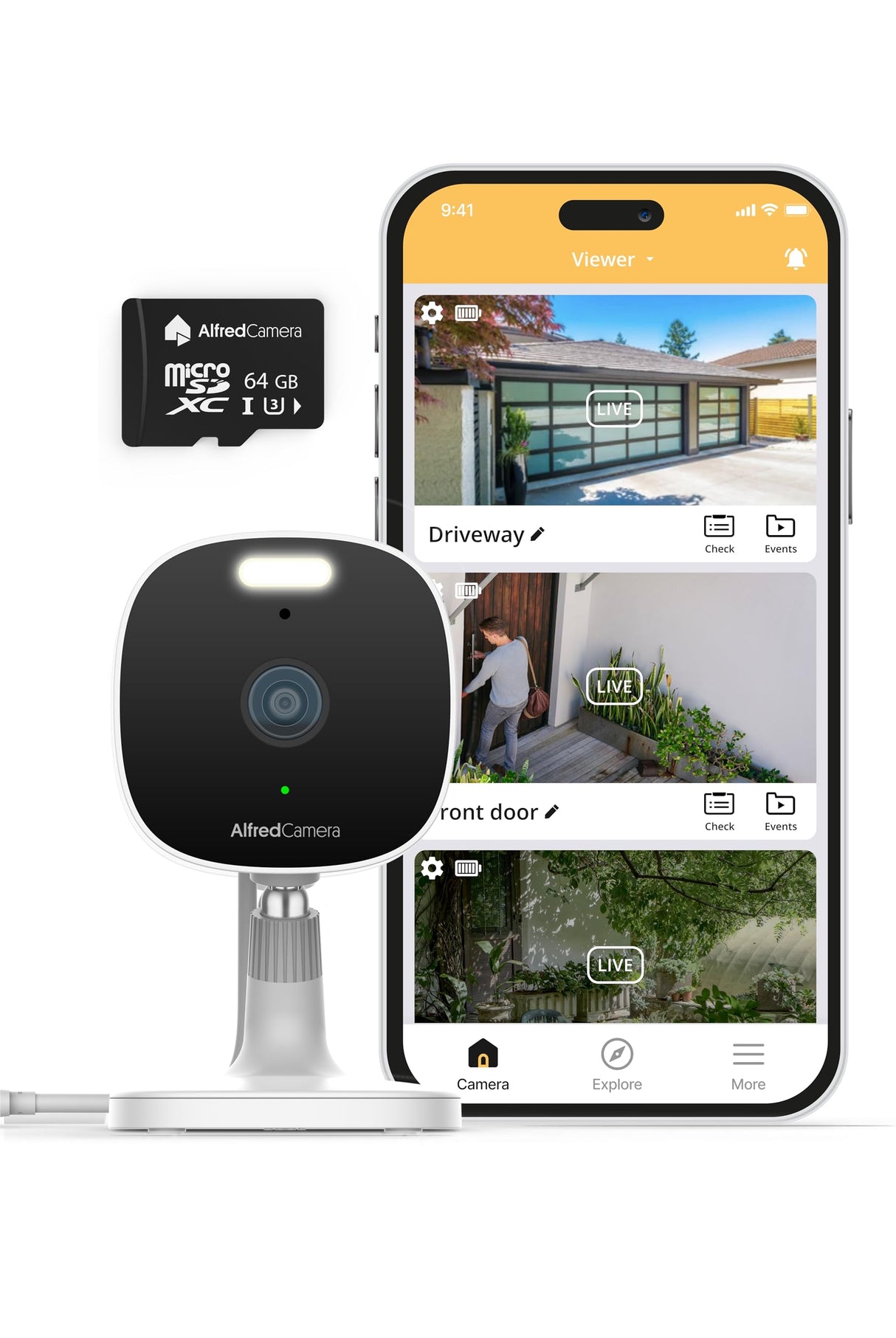 AlfredCam Plus 2 Smart Home Security Camera 2.5K, WiFi 2.4 & 5GHz, Indoor/Outdoor, IP65 Waterproof, LED Spotlight, Two-Way Audio, Color Night Vision, Baby/Pet Cam, App Powered (90M+ downloads)