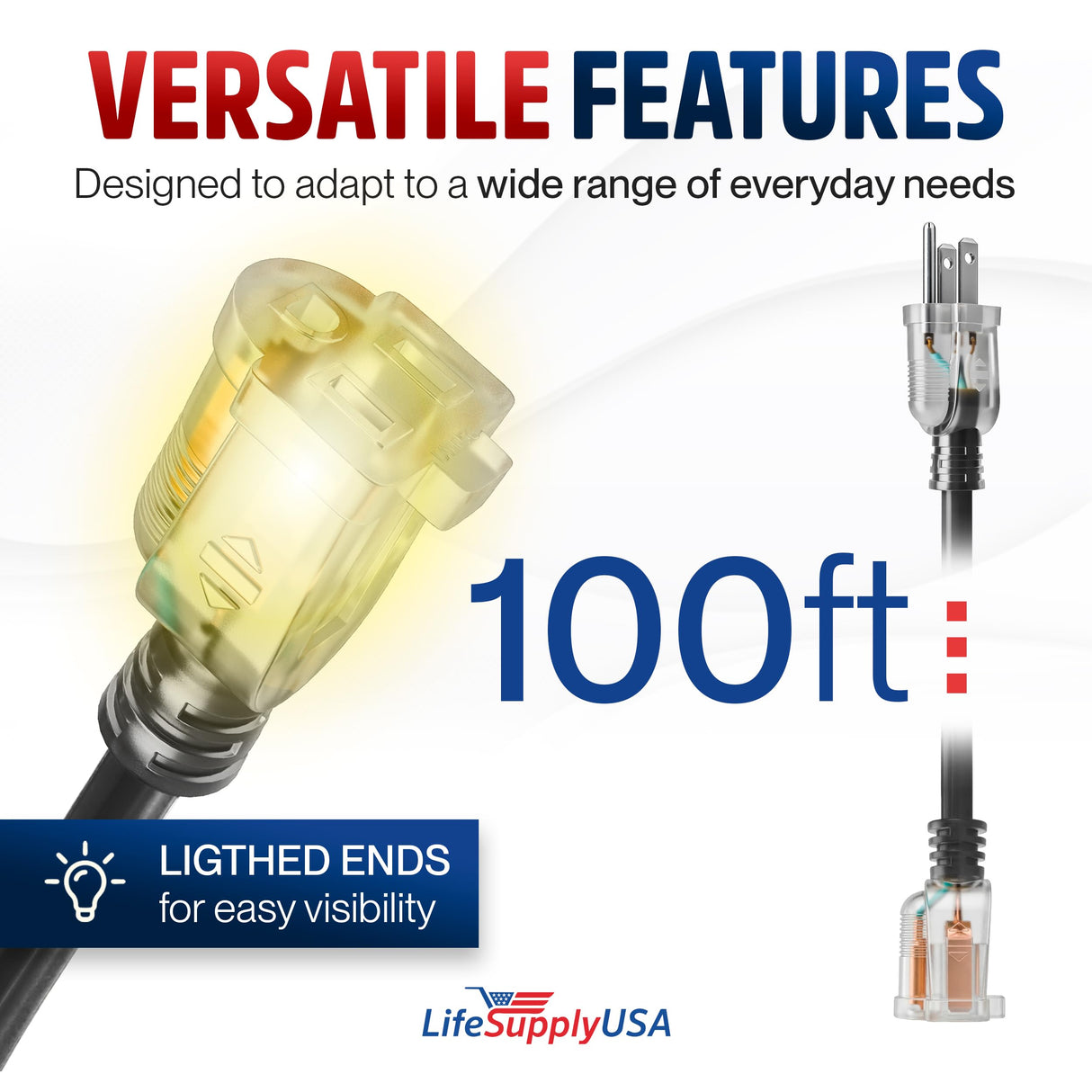 100ft Outdoor/Indoor Extension Cord 16/3 Gauge Heavy Duty 3 Prong SJTW, Waterproof, Flexible Cold-Resistant Long Power Cord,10A 125V 1250W, Yellow by LifeSupplyUSA