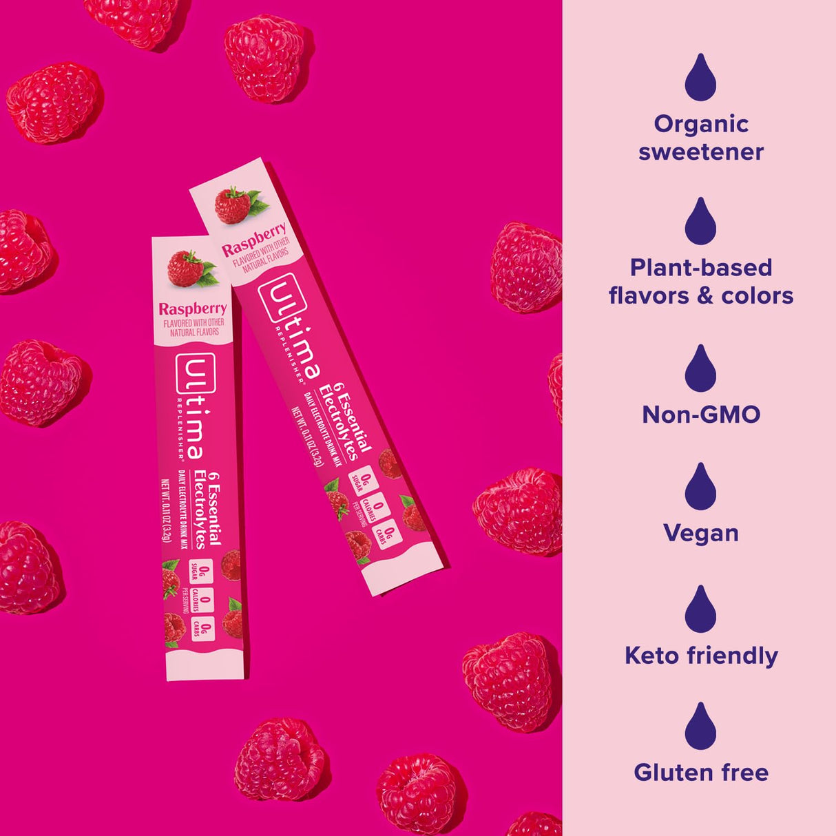 Ultima Replenisher Daily Electrolyte Powder Drink Mix – Sugar Free – Raspberry, 20 Stickpacks – Hydration Packets with 6 Key Electrolytes and Trace Minerals – Keto Friendly, Vegan, Non-GMO