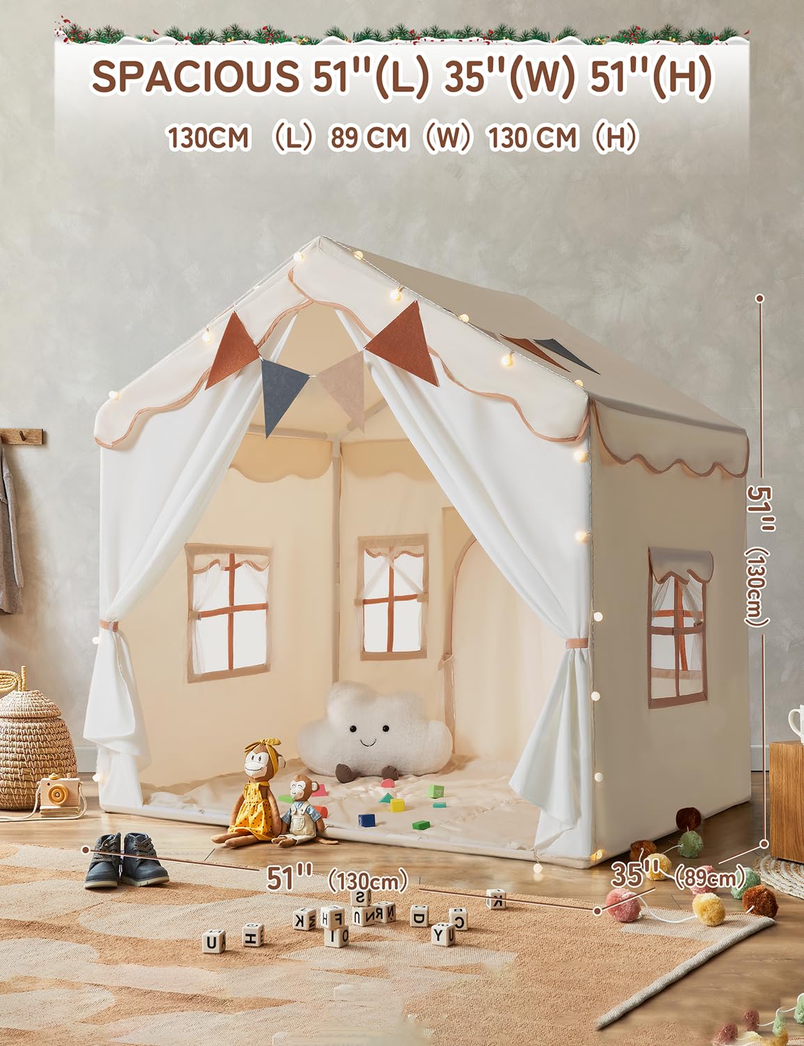 Besrey Kids Play Tent 2 in 1 with Padded Mat and Lights, Large Kids Playhouse with 2 Doors & 4 Windows, Indoor & Outdoor, Christmas Toddler Tent, 51" x35" x 51"