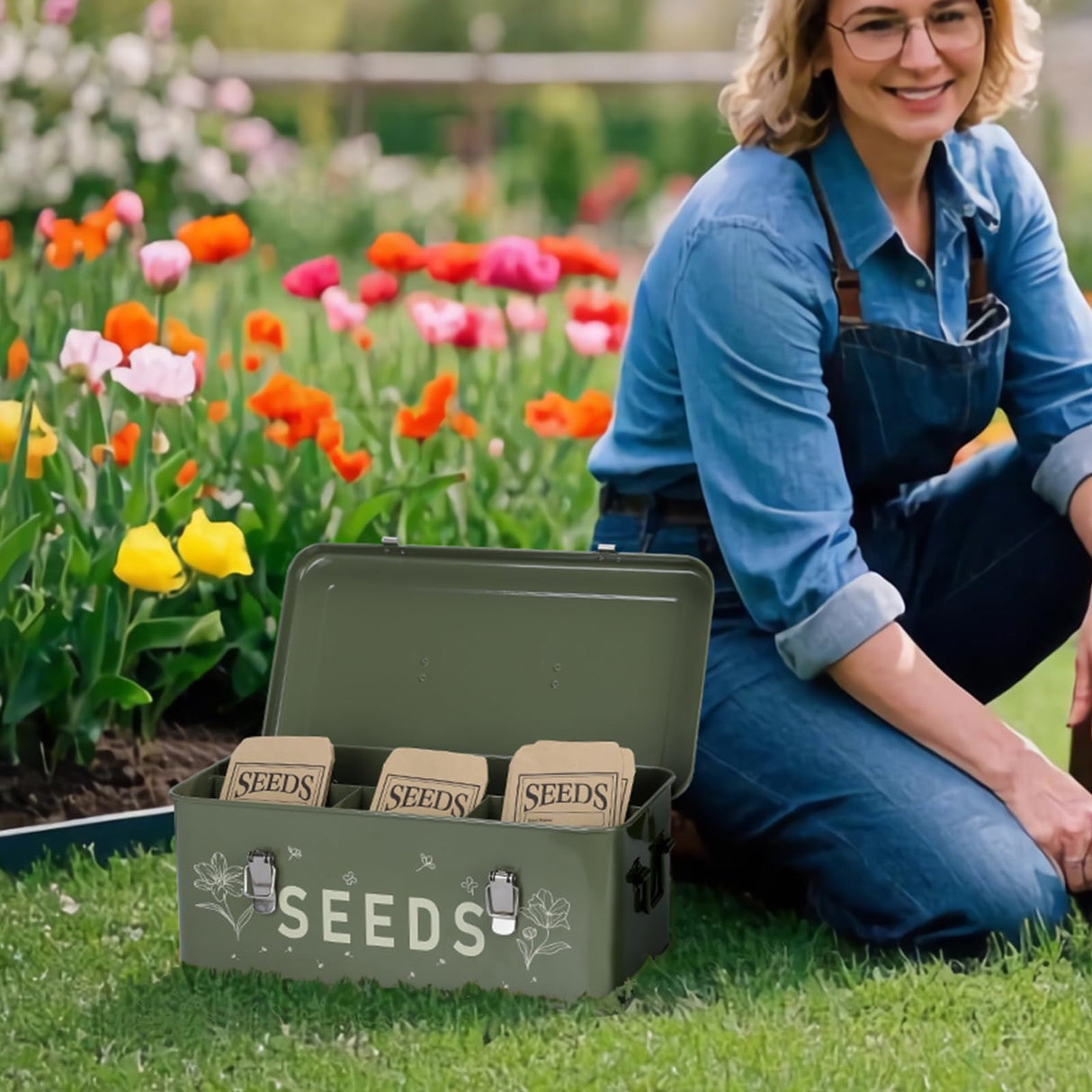Cinpode Seed Storage Organizer with Lid, Metal Seed Bin Seed Packet Container with 100 Plant Labels 50 Seed Envelopes 50 Plant Clips 1 Marker Pen, 4 Compartments Box with Locks