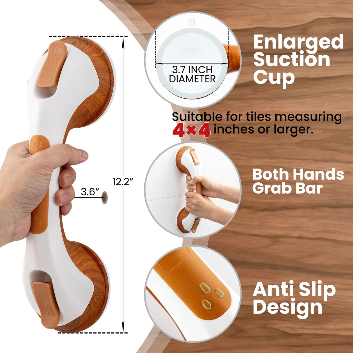 TAILI Shower Grab Bar, 2 Pack 12 Inch Suction Grab Bars for Bathtubs and Elderly, Shower Handle for Seniors Bathroom Safety Grip, No Drilling Removable,Wood Grain