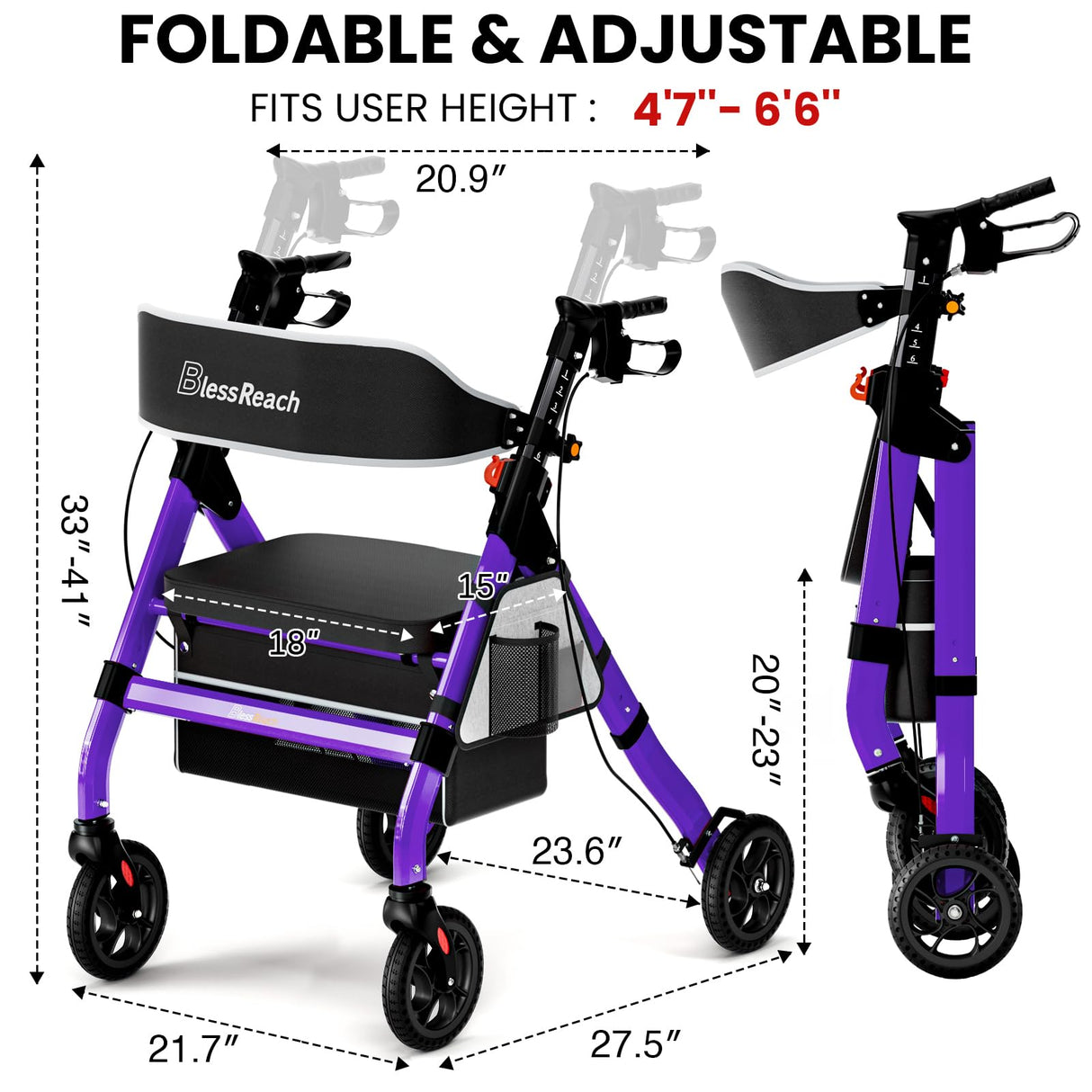BlessReach Foldable Rollator Walkers with Seat for Seniors, 450 lb Capacity, 8'' Wheels, 18" Big Seat, 6-Position Adjustable Height, Heavy-Duty Aluminum Rolling Walker (Purple)