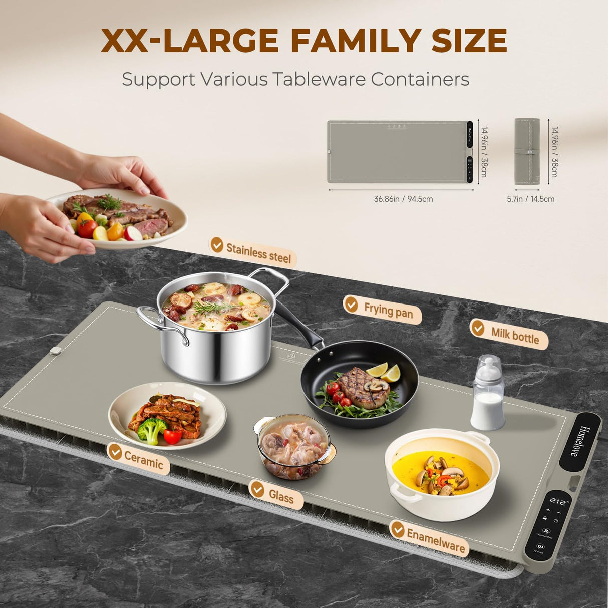 Homelove Warming Mat for Food - Fast Full Surface Electric Warming Tray with 7 Temp-Settings & 8H Timer, Portable Roll Up Food Warmer with Heat Insulation Pad for Gatherings Parties Buffet XXL-Khaki