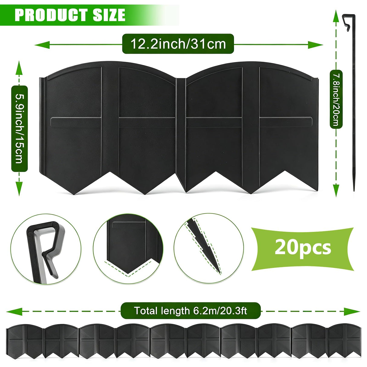 Vashly 20Ft Garden Edging 5.9 in Tall Landscape Edging 20 Pcs Garden Border
