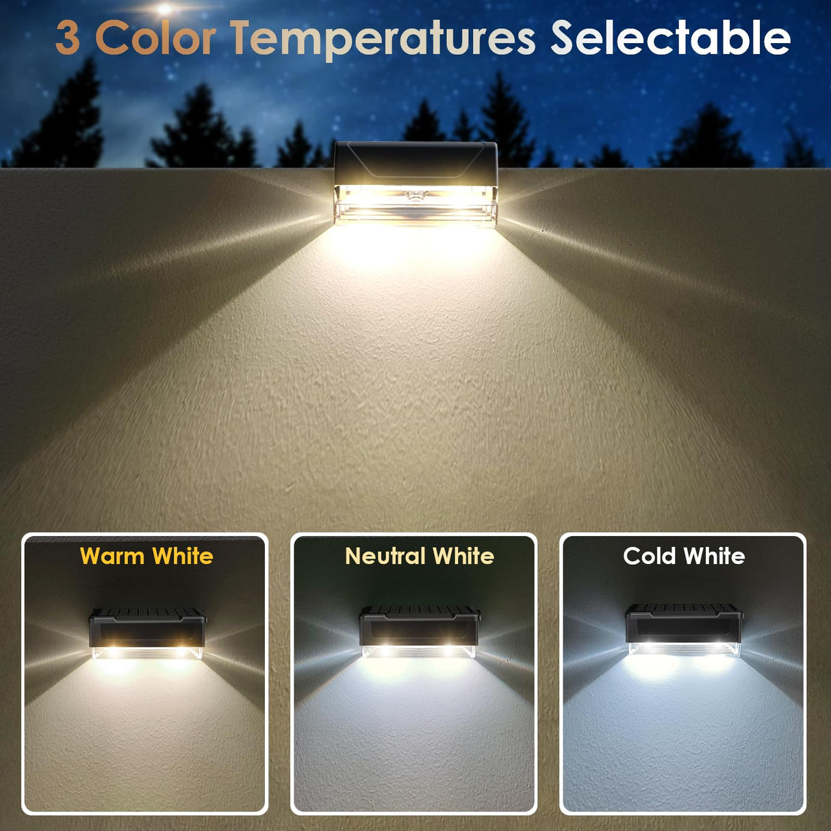LIANGLOME Solar Fence Lights Outdoor - 3000/4000/6000K 3 Mode, IP65 Waterproof Solar Powered Fence Lights, Dusk to Dawn for Outside, Backyard/Step/Patio/Deck/Stair Railings and Wall (8 Pack)
