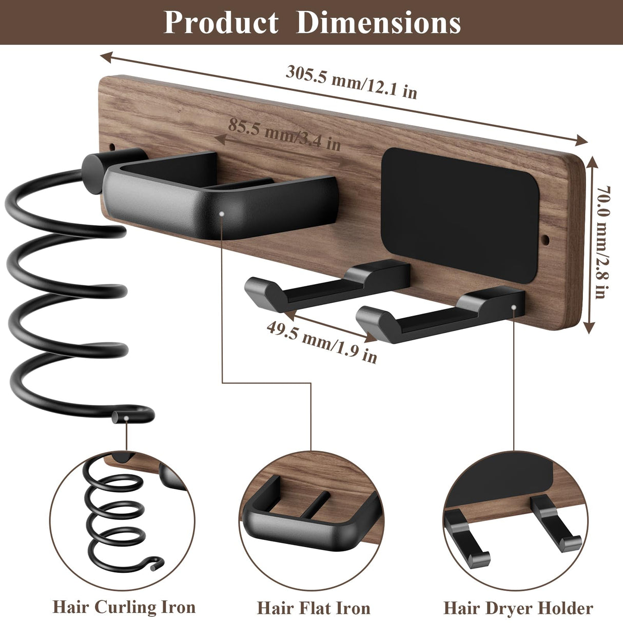 Tindbea Hair Dryer Holder Curling Iron Holder Flat Iron, Blow Dryer Holder Wall Mount, 3 in 1 Bathroom Hair Tool Organizer Rack for Universal Dryer, Walnut Matte Black