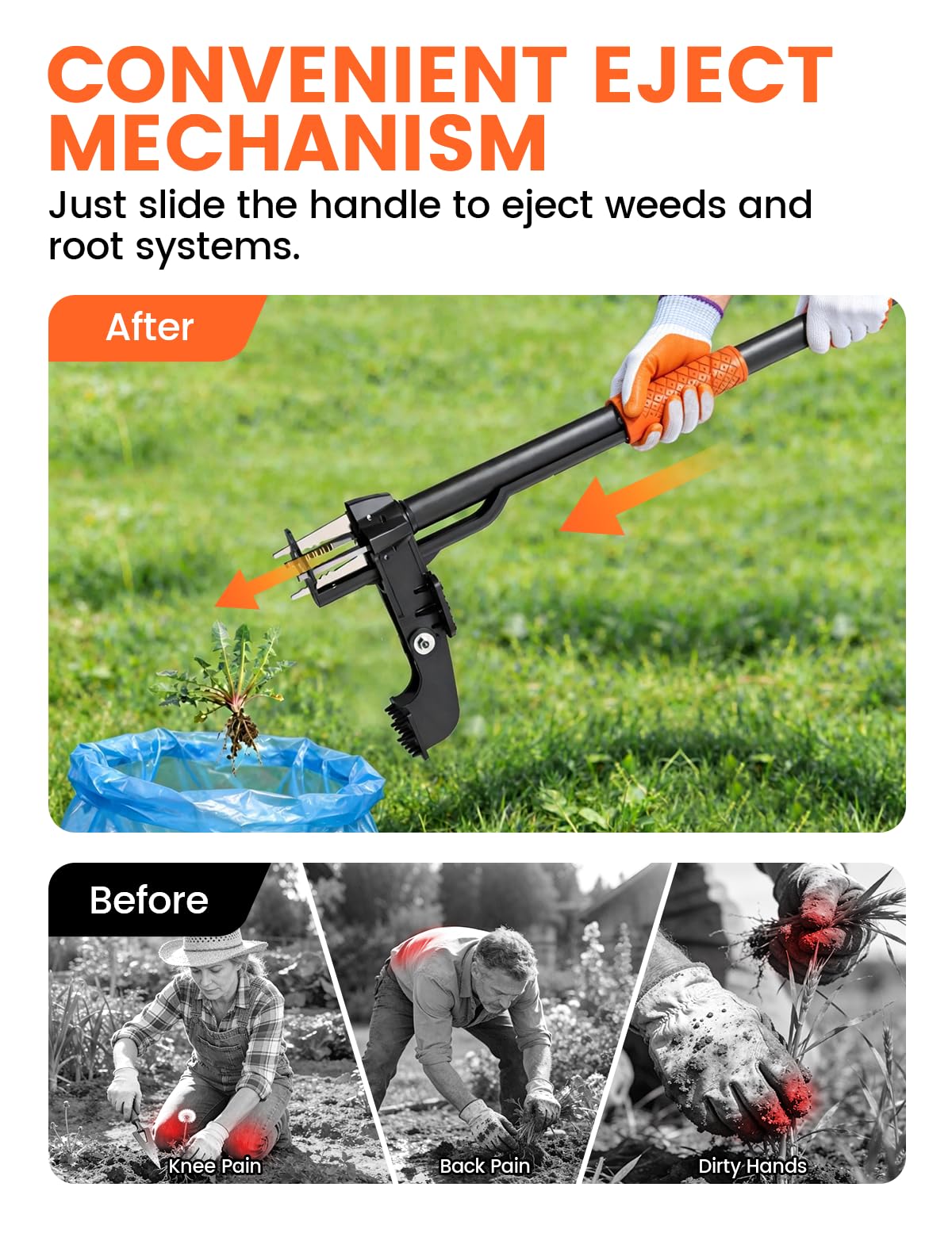 Weed Puller Tool 4-Claw Stand Up Weed Remover tools with Ergonomic Long Handle/Foldable Foot Pedal/Easy Eject,Heavy Duty Garden Weeding Tools for Dandelion,Crabgrass,Thistle–No Bending Kneeling