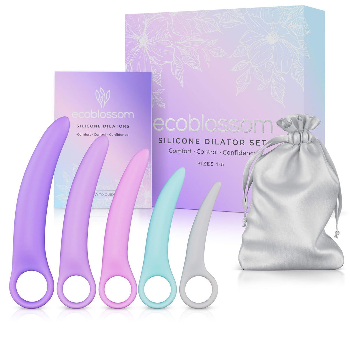 Ecoblossom Silicone Dilator Set - The Most Comfortable Dilators for Women with Pain - Pelvic Floor Trainer, Stretcher, and Expander (Curved, Sizes 1-5)
