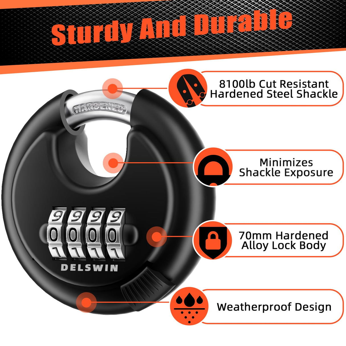 DELSWIN 4-Digit Disc Combination Lock Outdoor - Heavy Duty Combination Padlocks with Hardened Steel Shackle Weatherproof Combo Locks for Gates,Sheds,Fence,Storage Unit (3/8" Shackle, Black and Silver)