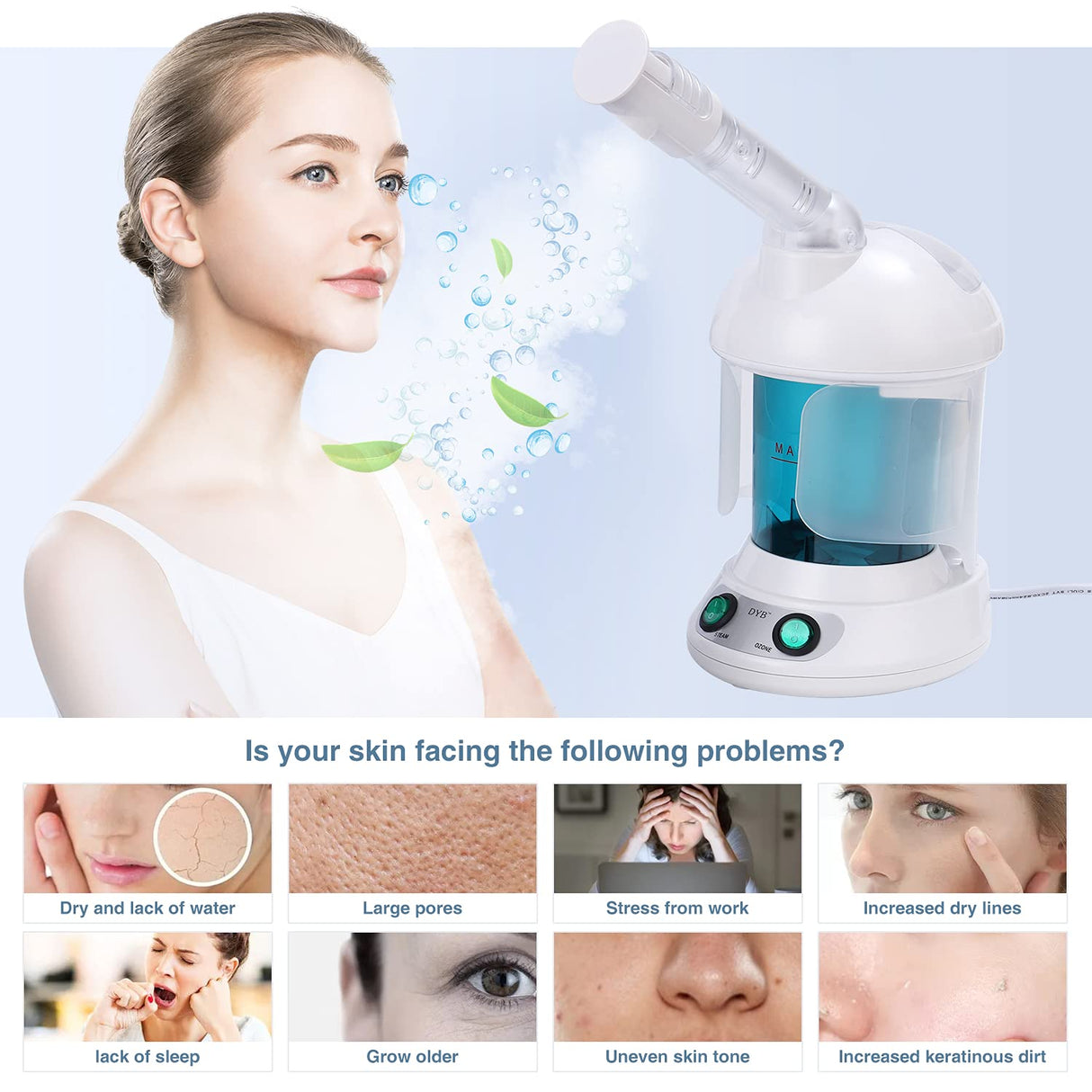 DYB Portable Facial Steamer, Nano Ionic Face Steamer with 360°Rotatable Sprayer,Mini Facial Steamer for Salon and Spa,1 Piece Headband and 4 Pieces Steel Skin Kits.