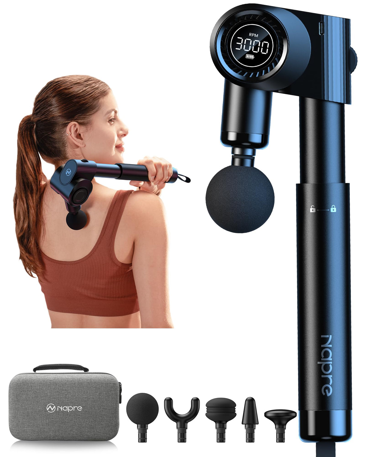 Foldable Massage Gun Deep Tissue with 5 Adjustable Angles,FSA HSA Eligible,Portable Percussion Back Massager for Muscle/Neck/Body Pain Relief with Long Extension Metal Handle,32-Speeds,with Carry Case