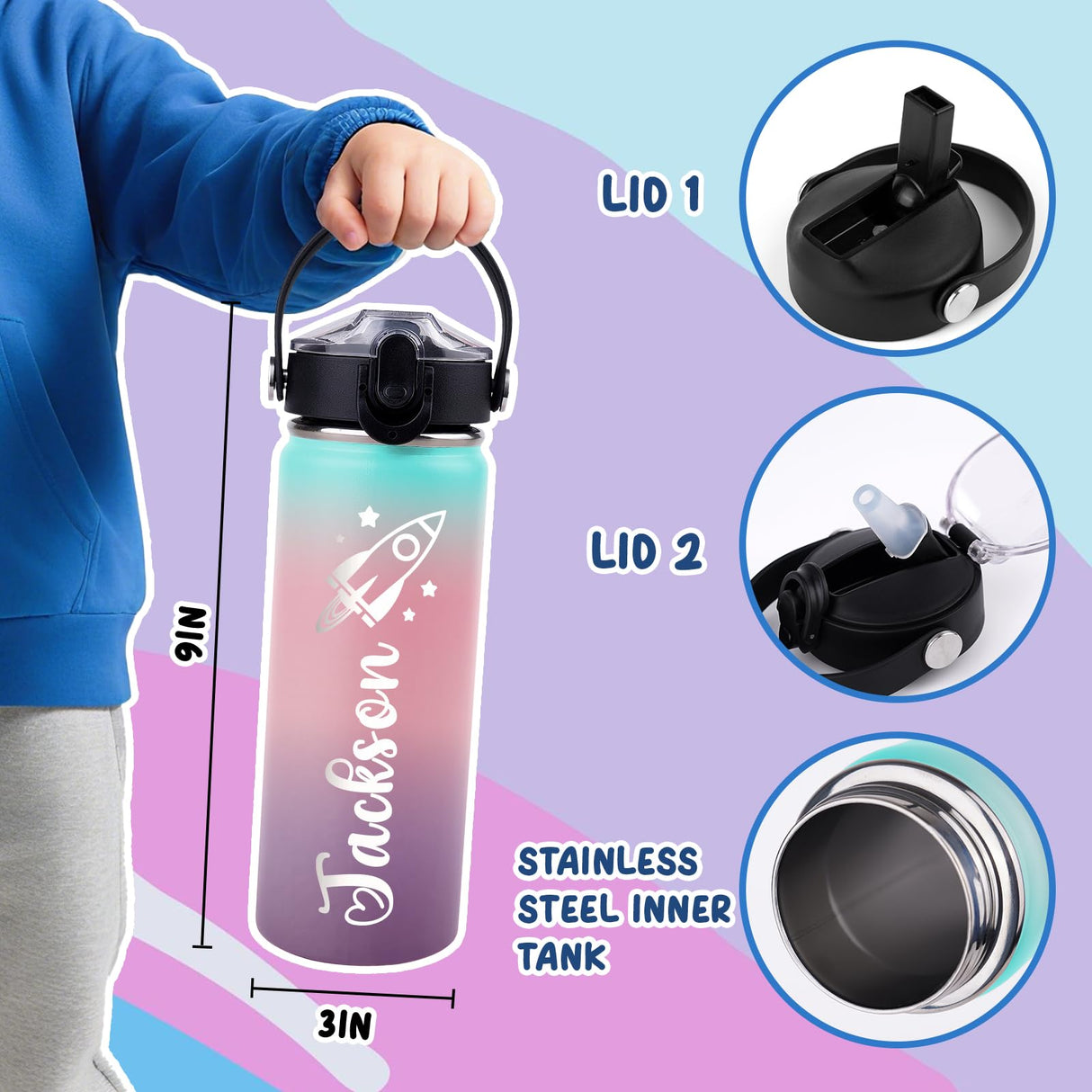 Pozetazas Personalized Water Bottles for Kids, Custom 18 oz Water Bottle for School with Engraved Name, Stainless Steel Tumbler for Kids with Straw, Birthday Christmas Gifts for Girls Boys