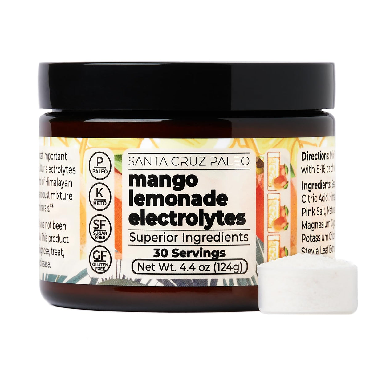 Santa Cruz Paleo Electrolyte Powder, Mango Lemonade Flavor, Sugar Free Hydration Drink Mix with Himalayan Pink Sea Salt, Magnesium Glycinate, Potassium Chloride, Sweetened with Stevia, 30 Servings