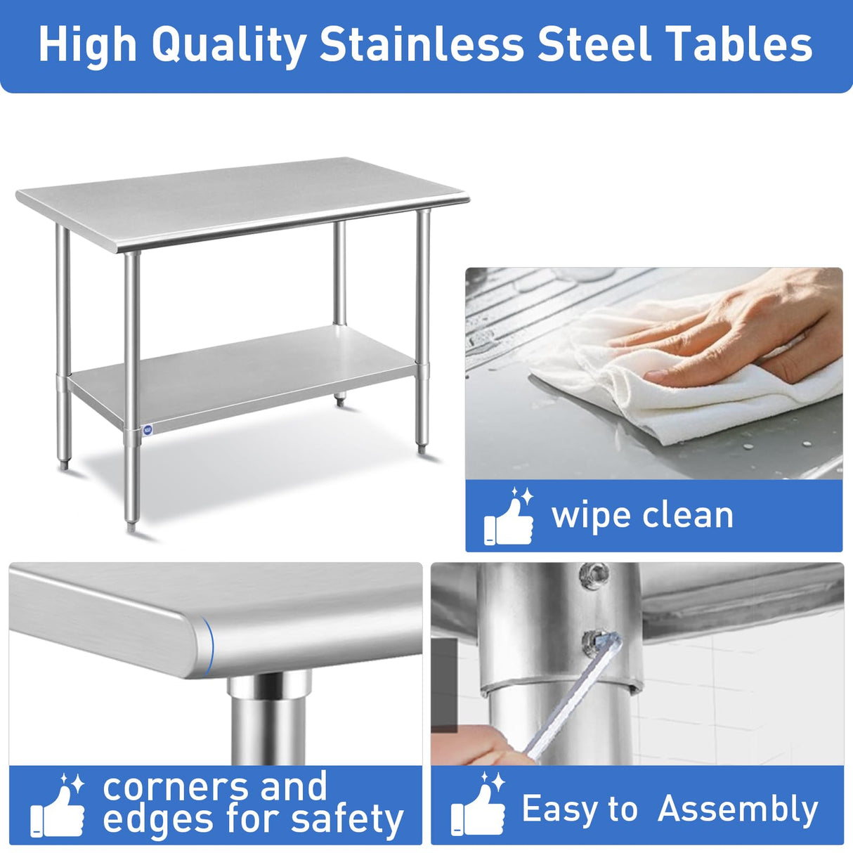 ROCKPOINT Stainless Steel Table for Prep & Work 24x36 Inches, NSF Metal Commercial Kitchen Heavy Duty Table with Adjustable Under Shelf and Table Foot for Restaurant, Home and Hotel