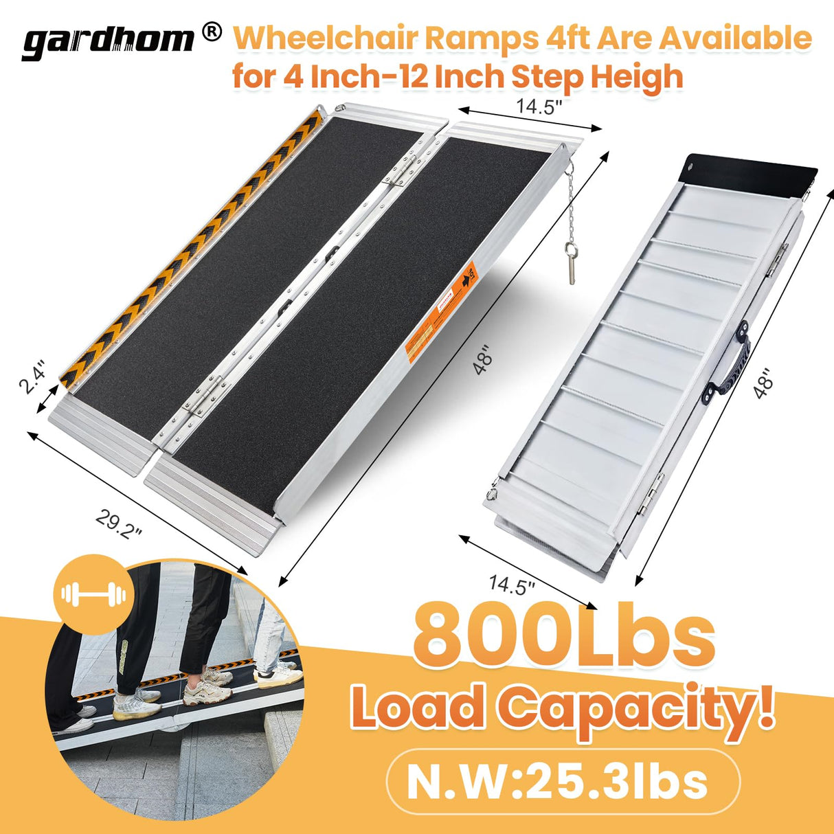 Wheelchair Ramps 4 Feet, gardhom 800Lbs Aluminum Portable Folding Handicap Ramp Wheel Chair Ramp for Home Entrance Threshold Doorways Stairs Curbs Scooter