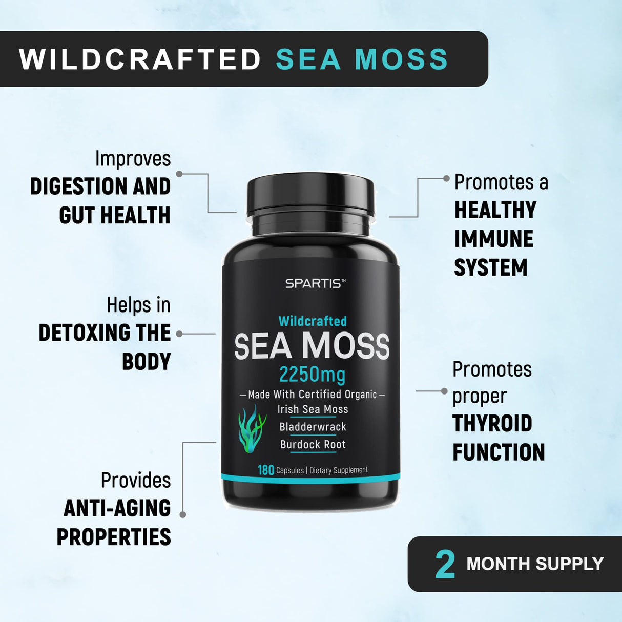 SPARTIS Certified Organic Sea Moss Capsules 2250mg Wildcrafted Irish Sea Moss Burdock Root Bladderwrack Supplement Raw Seamoss Pills & Powder (Pack of 1 at 180-Caps)