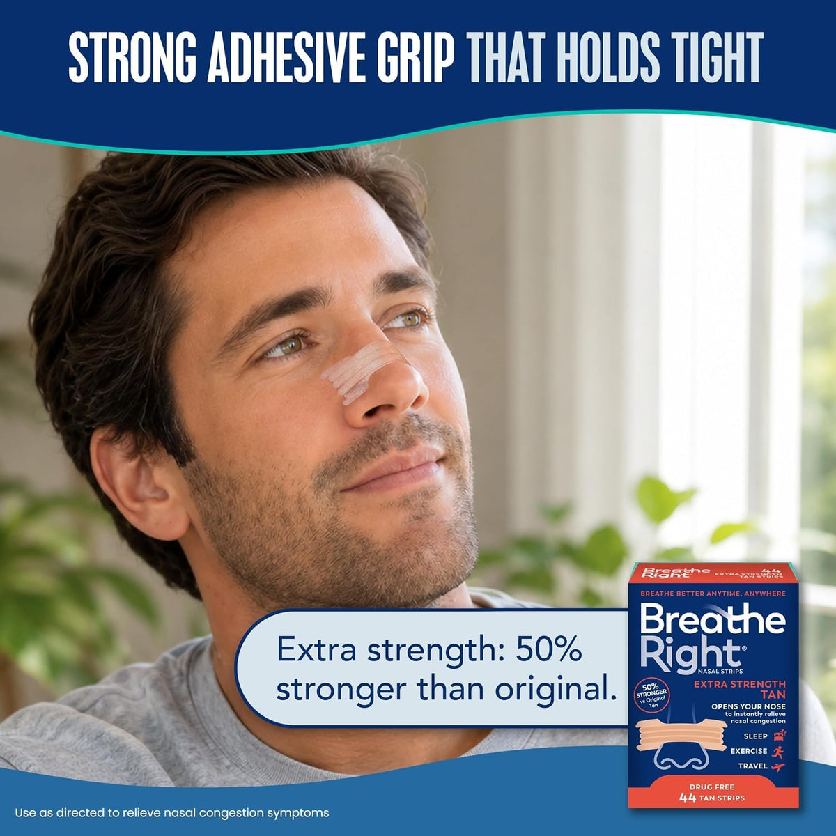 Breathe Right Nasal Strips, Extra Strength, Nasal Congestion, Tan, 44ct