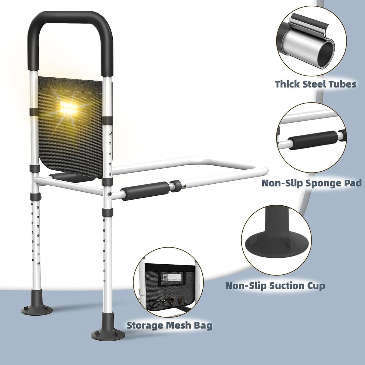 Bed Rails for Elderly Adults Safety: Adjustable Heights Assist Side Bed Rail with Motion Light & Storage Bag - Bed Railing Handle Support Bar Guard Rails Hold up to 350 Lbs for King Queen Full Twin