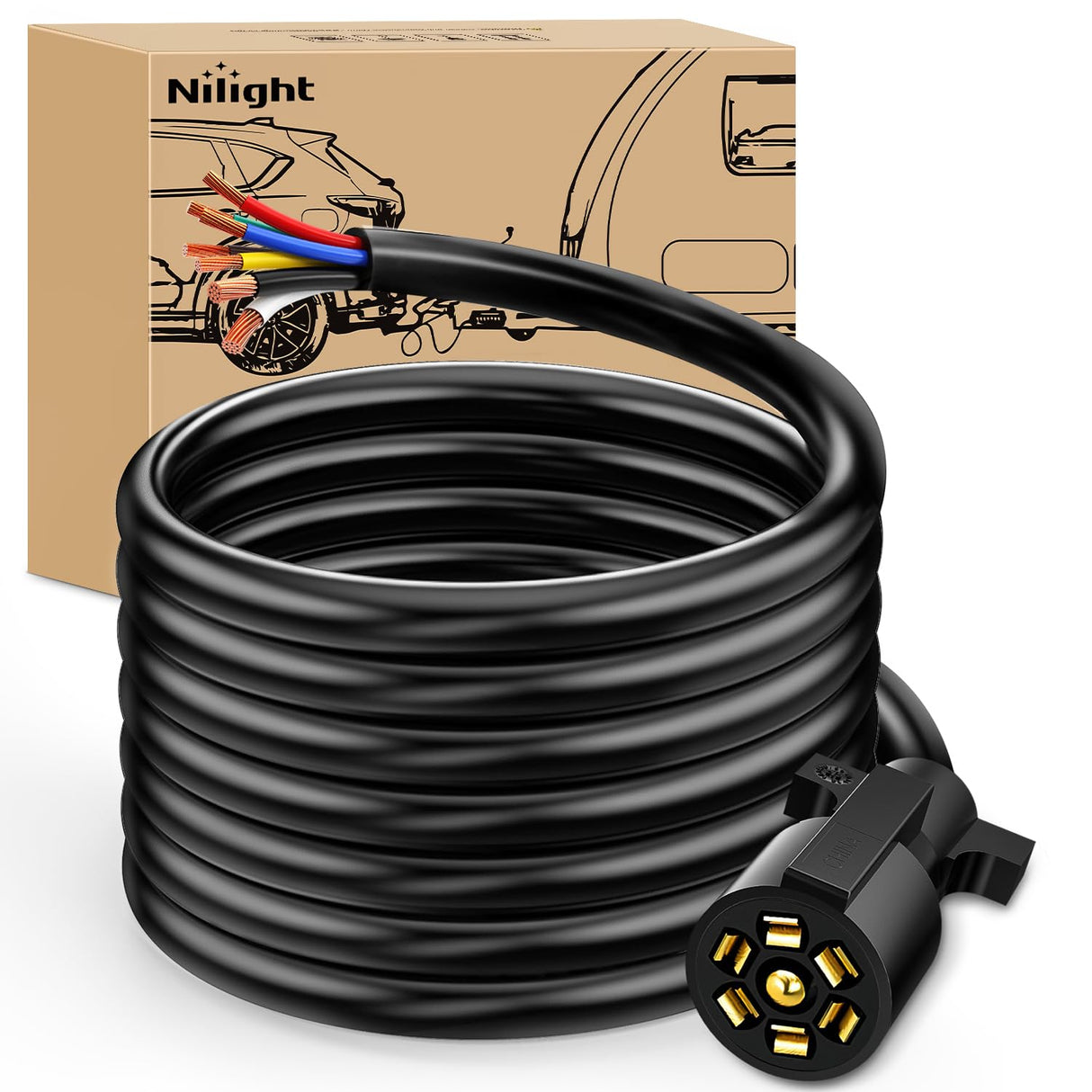 Nilight 16 Feet Heavy Duty 7 Way Plug Inline Trailer Cord 7-Pin Trailer Cord Wire Cable for Truck Camper Blade Molded RV Cable Weatherproof & Corrosion Resistant-16FT
