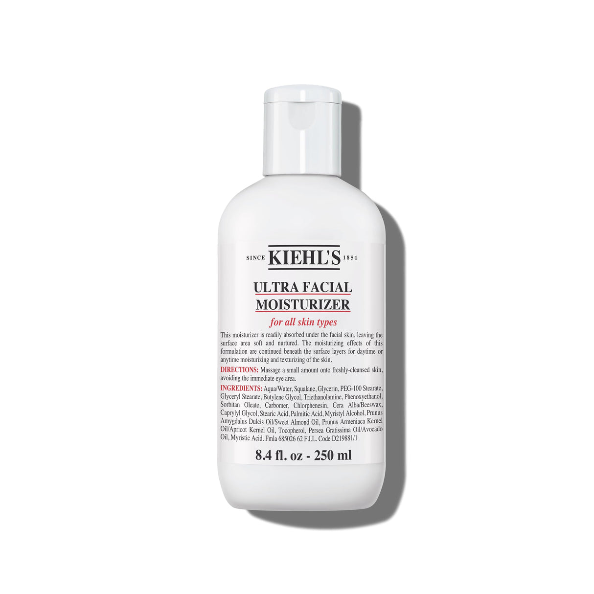 Kiehl's Ultra Facial Moisturizer, for Easy Daily Hydration, Infused with Squalane and Glycerin, Replenishes Moisture Barrier and Softens Skin, Suitable for All Skin Types, Fragrance-Free - 8.4 fl oz
