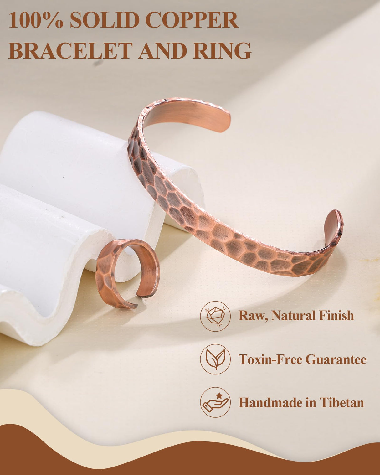 Fashtour Pure Copper Bracelet & Ring Set for Men & Women, Handmade