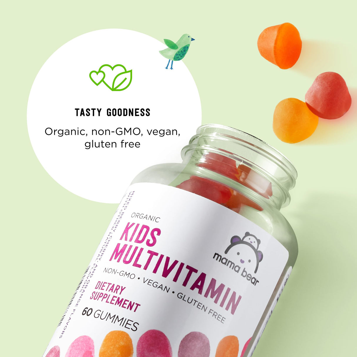 Mama Bear Organic Kids Multivitamin, 60 Gummies, 1 Month Supply (Packaging May Vary), Berry, Cherry & Orange (Pack of 2)